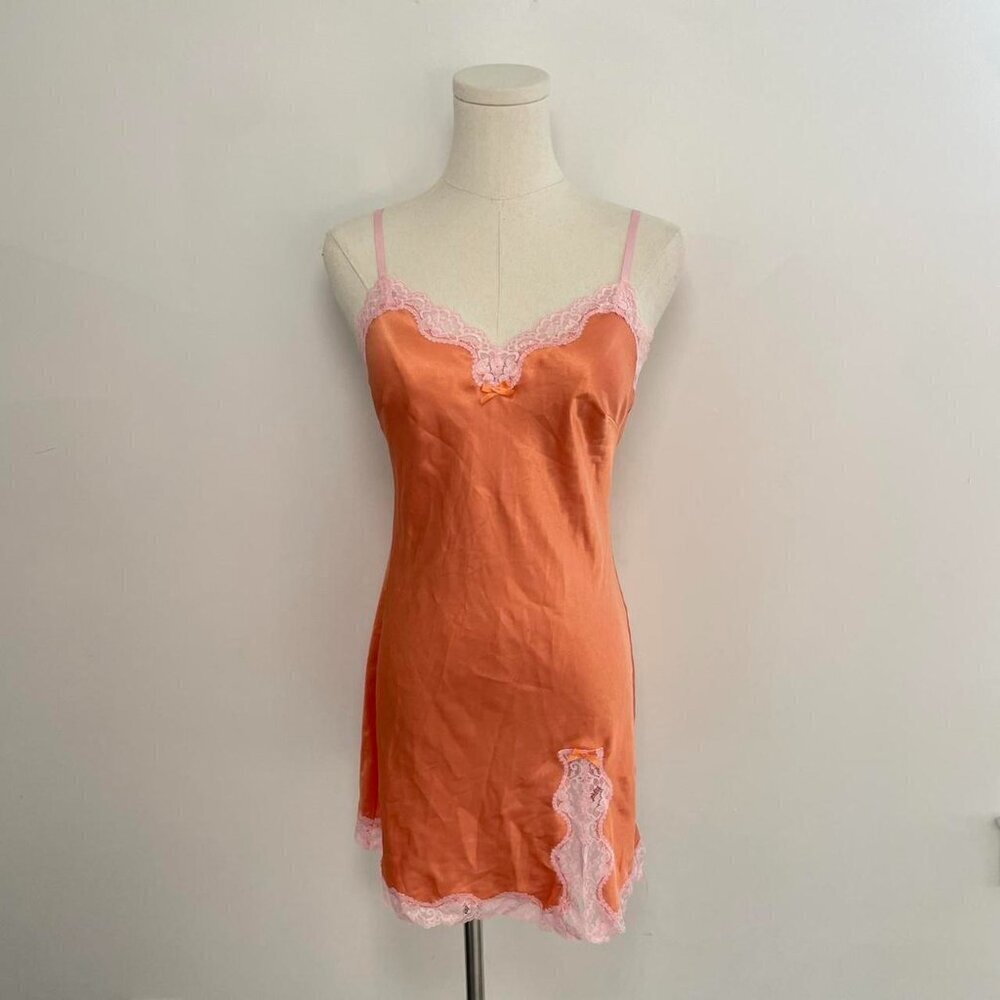 Y2K Victorias Secret Orange & Pink Lace Satin Slip | Women’s Size XS